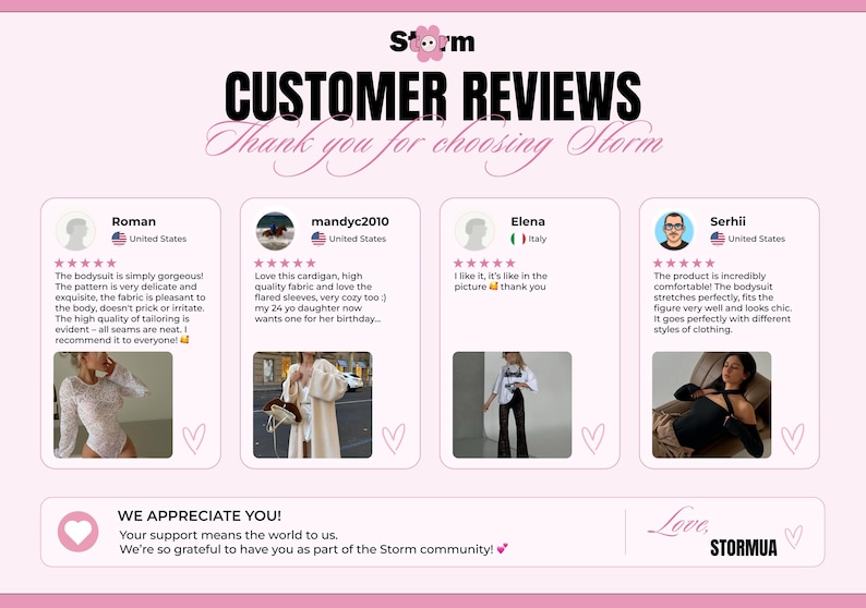 May include: A pink graphic featuring customer reviews for Storm products. The text "CUSTOMER REVIEWS" is prominently displayed, along with customer testimonials and product images. The bottom of the graphic reads "WE APPRECIATE YOU!"