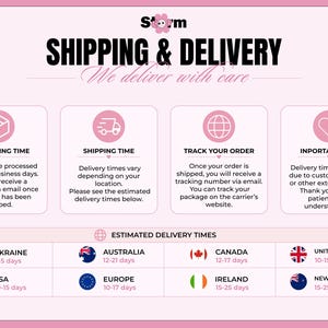 May include: Pink graphic with the text "SHIPPING & DELIVERY" and information about processing time, shipping time, tracking, and important info. Estimated delivery times are listed for various countries.