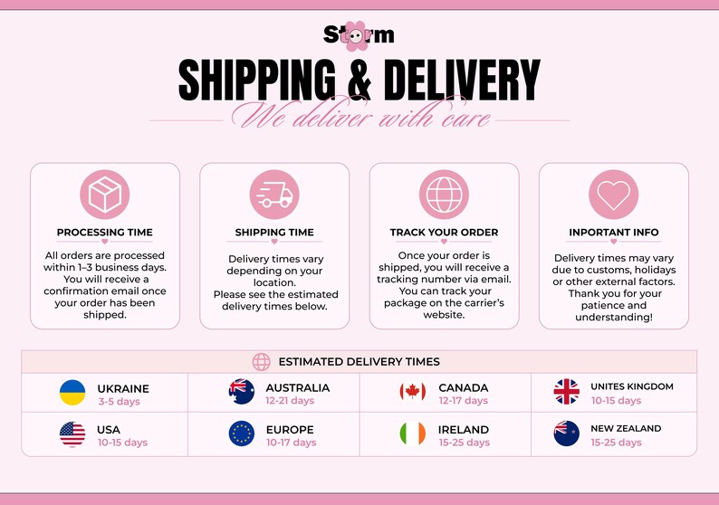 May include: Pink graphic with the text "SHIPPING & DELIVERY" and information about processing time, shipping time, tracking, and important info. Estimated delivery times are listed for various countries.