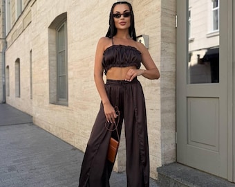 Silk Two Piece Set Palazzo Pants With Side Slit Ruched Crop Top Summer Beach Outfit High Waisted Wide Leg Trousers Lounge Wear Set