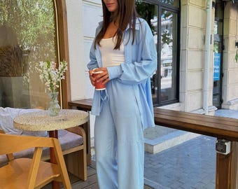 Blue Linen Suit: Women's Oversize Shirt & Trousers Set