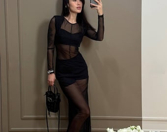 Women Black Mesh Dress with Built-In Top & Shorts • Elegant Layered Evening Dress • Stretch Mesh Maxi Dress with Silk Lining • Chic Outfit