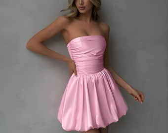 Strapless Satin Mini Dress Fit And Flare Balloon Skirt Tube Dress Black Pink Milk Elegant Party Cocktail Bridal Shower Date Night Outfit