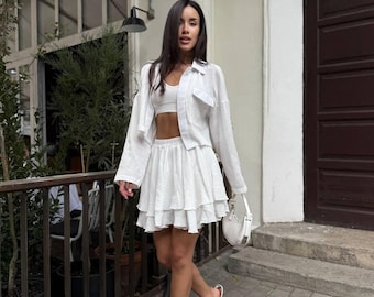 Muslin Matching Set Women Skirt Outfit Summer Two Piece Set Boho Chic Crop Shirt Ruffle Skirt Casual Elegant Vacation Outfit