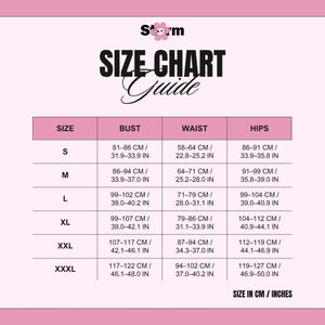 May include: A size chart guide with the brand name "Storm" at the top. The chart lists sizes S to XXXL, with bust, waist, and hip measurements in both centimeters and inches. The chart is on a pink background.