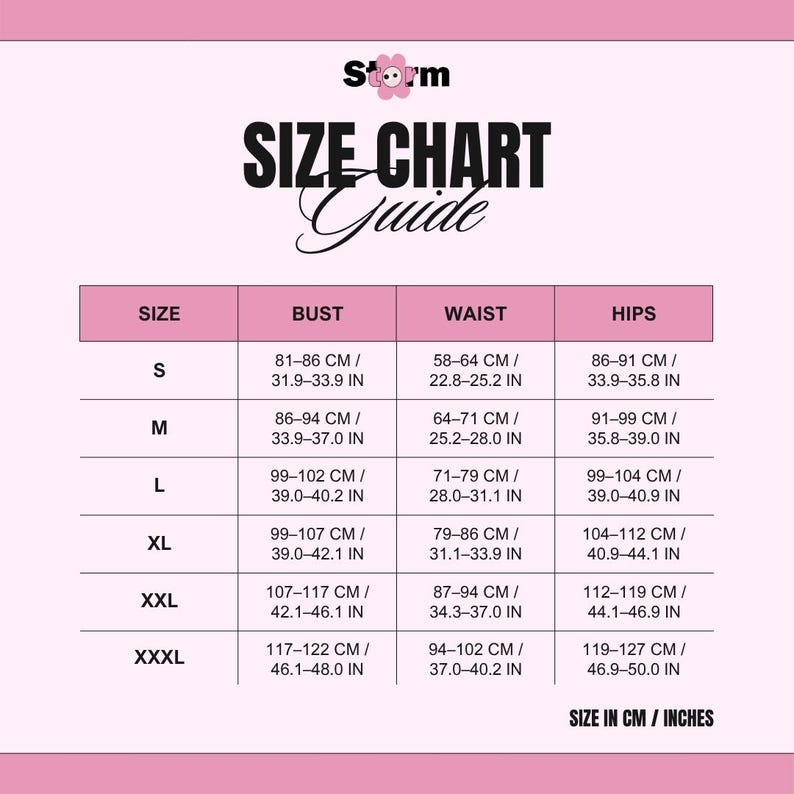 May include: A size chart guide with the brand name "Storm" at the top. The chart lists sizes S to XXXL, with bust, waist, and hip measurements in both centimeters and inches. The chart is on a pink background.