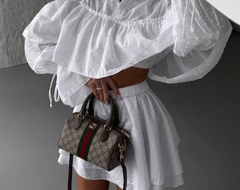 White Velour Skirt Set: Handmade Summer Shirt and Skirt