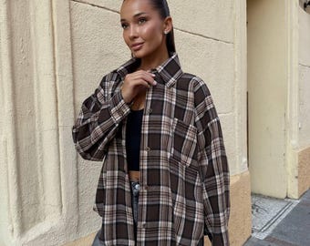 Oversized Plaid Flannel Shacket: Women's Soft Warm Fall Outerwear