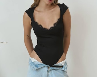 Women Black Lace Bodysuit • Microdiving Stretch Bodysuit with Lace • Feminine Chic Bodysuit with Snap Closure • Party or Everyday Outfit