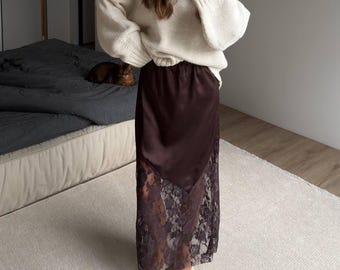 Women Silk Midi Skirt with Lace | Elegant Satin Flowing Skirt | Romantic Elastic Waist Skirt | Chocolate & Black | Classy Feminine Outfit