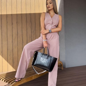 Linen Women&#39;s Suit: Adjustable Vest & Palazzo Pants - Elegant Office Style