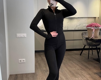 Women Jumpsuit Thermal Stretch Knit • Warm Sculpting One Piece Suit • Bodycon Thermo Jumpsuit in Black or Chocolate for Cold Days