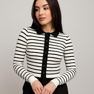 Striped Knit Cardigan: Black and White Button-Down, Lightweight Comfort