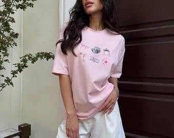 Oversized Graphic Cotton T-Shirt For Women Minimalist Aesthetic Art Print Tee Soft Pink Lounge Top Effortless Chic Loose Fit Daily Luxury