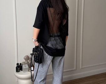 Oversize Fishnet Back T-Shirt, Glitter Mesh Open Back Top, Sparkly Black/Milk Cotton Tee, Edgy Streetwear Women's Shirt, Statement Party Top