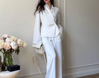 Zijden tweedelige broek set dames wikkelblouse wijde pijpen broek elegante kantooroutfit bruiloftsgast resortkleding zwart ivoor bijpassend ensemble