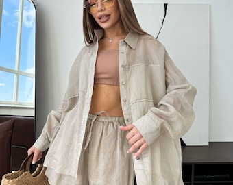 Handmade Linen Two Piece Set: Oversized Shirt & Shorts - Summer Outfit