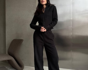 Women Warm Fleece Tracksuit • Cozy Two Piece Set • Double-Sided Fleece Hoodie and Pants • Soft Winter Loungewear Suit in Milk Black Graphite