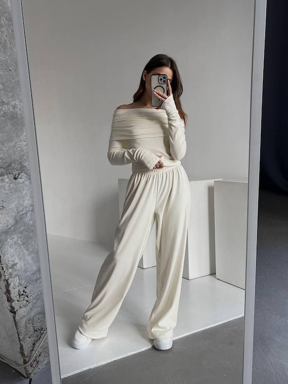 Cashmere-effect Palazzo Suit: Women's Long-sleeve Lounge Set