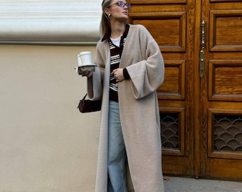 Women Long Alpaca Cardigan Oversized Cozy Knit Sweater Minimalist Elegant One Size Cardigan For Everyday Wear Casual Chic Outfit All Season