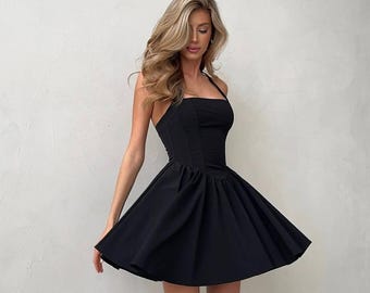 Black Corset Mini Dress with Shorts: Stylish Suit Fabric