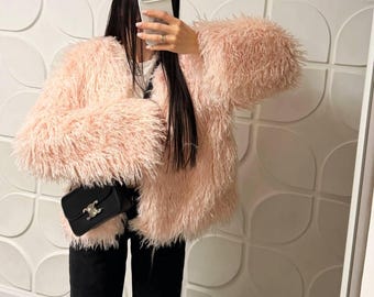 Women Faux Fur Llama Coat • Warm Short Eco Fur Jacket • Elegant Winter Coat with Hook Closure • Soft Plush Outerwear Pink Gray • Cozy Style