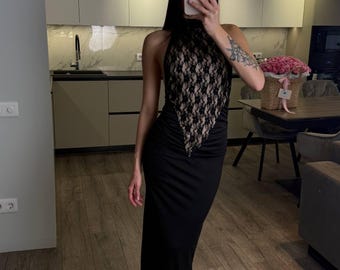 Elegant Black Lace Evening Dress •Open Back Cocktail Dress • Slimming Silhouette • Special Occasion Party Outfit for Women •Chic Formal Wear