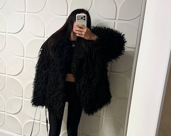 Women Faux Fur Llama Coat •Warm Winter Long Eco Fur Jacket with High Collar •Elegant Women’s Insulated Coat with Magnetic Closure •Outerwear