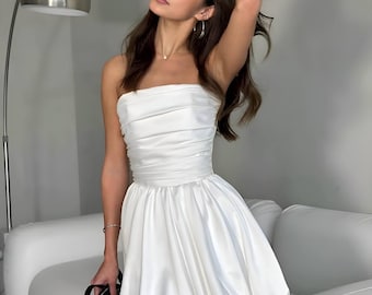Strapless Satin Mini Dress Fit And Flare Balloon Skirt Tube Cocktail Party Dress Black Pink Milk Bridal Shower Date Night Outfit
