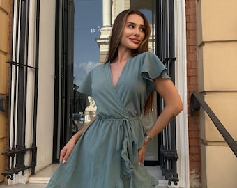 Linen Cotton Sundress: Oversized Wrap Dress with Elastic Waist
