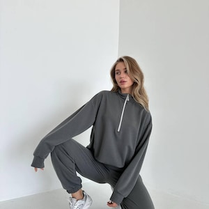 Women&#39;s Suit With Pants Made Of Two-Ply Cotton • Stylish Casual Set • Graphite Beige Melange • Cozy Clothes For Home, Walks And Work • Gift