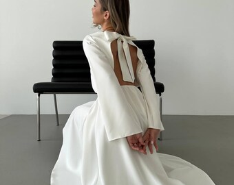 Elegant Open Back Midi Dress For Women Long Sleeve Bow Tie Dress Wedding Guest Outfit Milk Black Formal Evening Dress Romantic Minimal Look