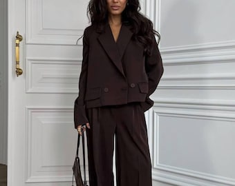 Elegant Pants Suit Set Wide Leg Palazzo Trousers Blazer Outfit High Waist Office Work Casual Chic Look Black Milk Chocolate Two Piece Set