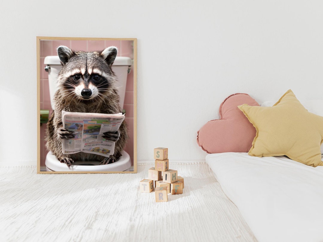 Raccoon Sitting on the Toilet Reading a Newspaper, Funny Bathroom Wall ...
