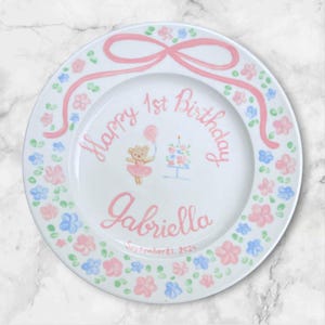 Custom Ceramic Plate with Ballerina Bear, Floral Border & Name – Personalized 1st Birthday Plate for Girls – Keepsake Gift for Baby | P042