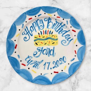 Personalized Blue & Yellow Cake Design – Hand Painted Birthday Plate for Boys  – Custom Ceramic Keepsake with Name and Date for Baby | P033