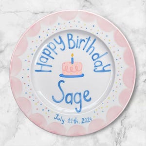 Personalized Birthday Plate for Girls – Custom Name & Date with Pink Gingham, Edge, Candle Cake – Hand Painted Keepsake Birthday Gift | P056