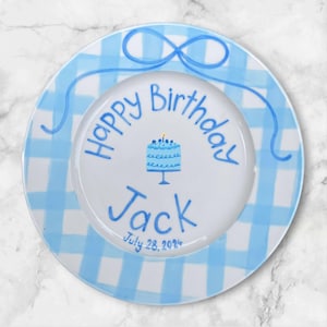 Personalized Blue Gingham Birthday Plate with Cake – Hand Painted Ceramic Plate for Boys – Custom Name & Date Keepsake 1st Birthday | P046