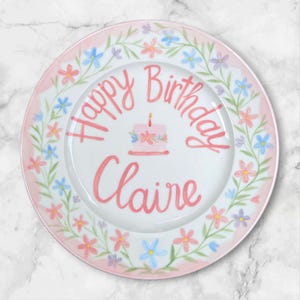 Personalized Birthday Plate for Girl with Name and Flowers – Custom Ceramic Keepsake Gift –  Hand Painted Baby Dish for Special Day |  P007