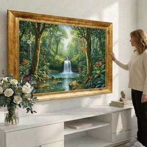 Puede incluir: Un gran cuadro enmarcado representa una exuberante escena de selva tropical con una cascada. La obra de arte está en un marco dorado ornamentado. Un ramo de rosas blancas se encuentra en un jarrón de cristal sobre un mueble blanco.