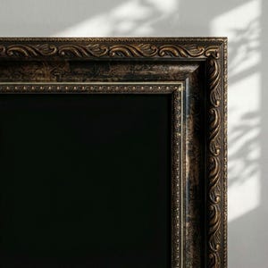 May include: An ornate mirror with a dark frame and a black interior. The frame has intricate, swirling patterns in gold and brown, giving a vintage look. The mirror is set against a white wall with shadows.