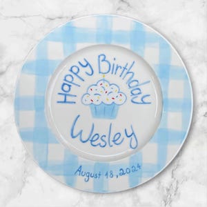 Personalized Birthday Plate Blue Party Hat – Birthday Plate for Boys – Hand Painted Ceramic Keepsake for Kids, Custom Name and Date | P039