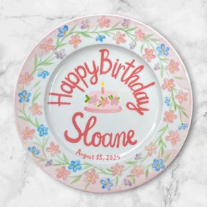 Personalized Birthday Plate for Girls – Custom Name & Date with Cake, Floral Design – Hand Painted Keepsake Birthday Gift for Baby | P067