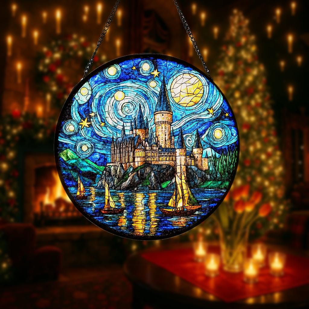 Wizard School Stained Glass Suncatcher, Enchanted Castle Stained Glass Suncatcher โ Christmas Window Decor for Book Lovers & Fantasy Fans
