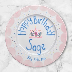 Personalized Birthday Plate for Girls – Hand Painted Birthday Plate Scalloped Edge with Flowers – Custom Name Keepsake Birthday Gift |P048