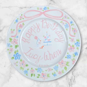 Baby Girl Birthday Plate with Name and Personalized Duck – Hand Painted Keepsake Plate – Custom Gift for Baby Girl’s First Birthday | P017