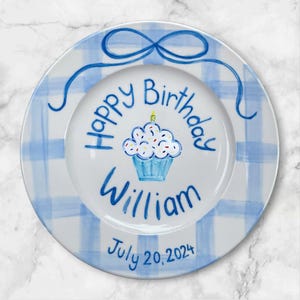 Personalized Birthday Plate Blue Gingham Cupcake Design – Hand Painted Birthday Plate for Boys – Custom Ceramic Keepsake for Kids Gift |P030