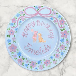 Personalized Birthday Plate for Girls – Custom Name & Date with Girl, Dog Design, Floral Border – Hand Painted Ceramic Keepsake Gift | P043