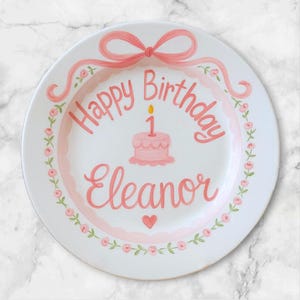 Personalized Birthday Plate for Girls – Custom Name & Age with Pink Bow, Roses – Hand Painted Plate Keepsake Birthday Gift for Girls | P059