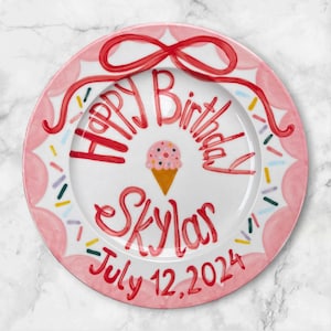 Personalized Birthday Plate for Girls with Name – Pink Ice Cream Theme, Custom Ceramic Gift, Hand-Painted for Special Celebration | P006